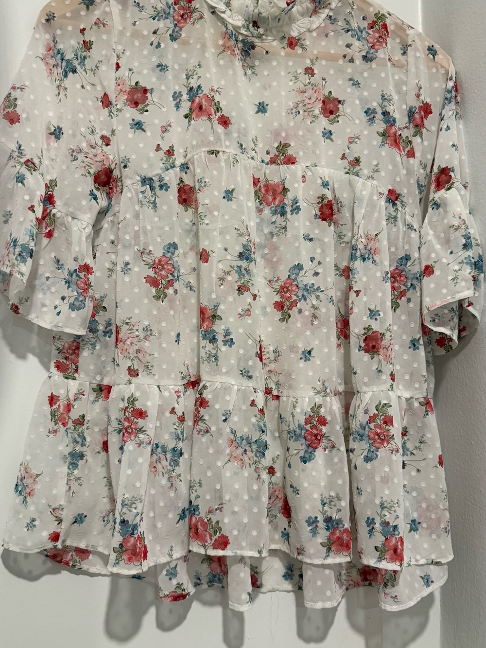 everleigh White Sheer Dot Blouse with Red & Blue Floral Print